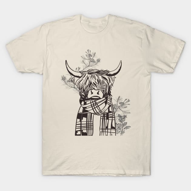 Christmas Tree Patterns And Scottish Highland Cow T-Shirt by i am Cuta